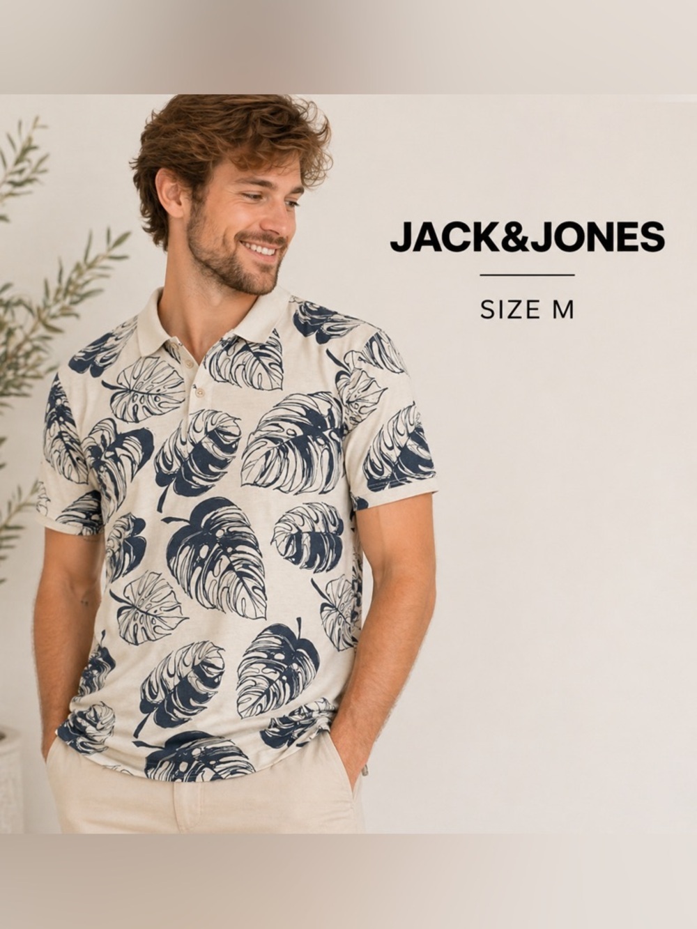 Jack & Jones Cream and Blue  Polo Shirt with Tropical Leaf Design/size M